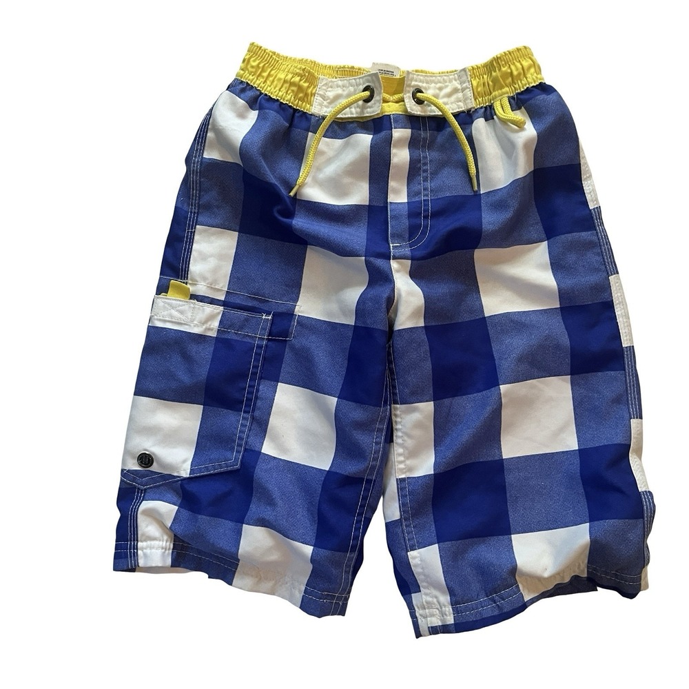 Mini Boden Boy's Size 7-8Y Swim Trunks Blue Plaid Yellow Accent Drawstring Lined